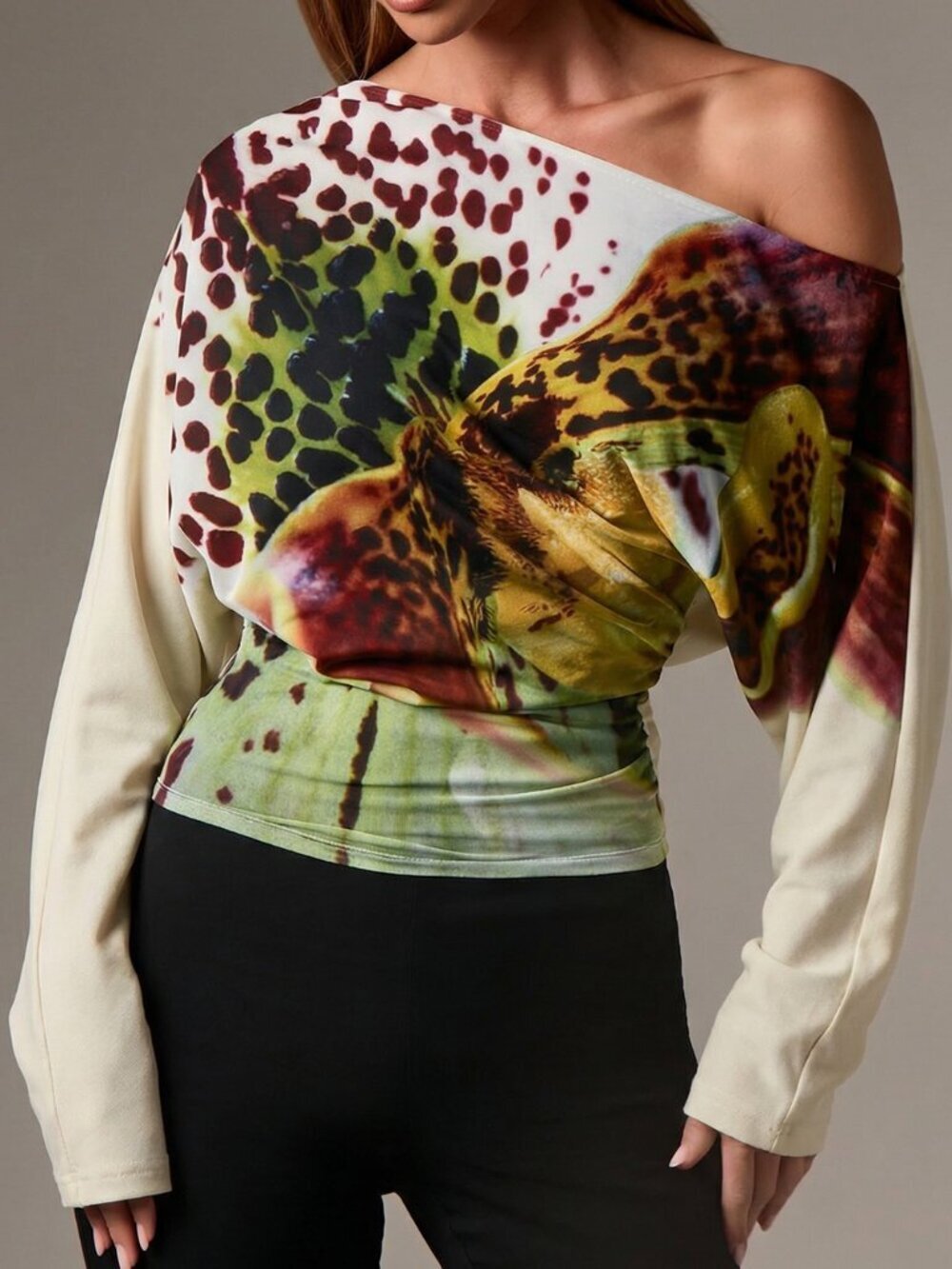 Cream Casual Women's Off Shoulder Long Sleeve Top